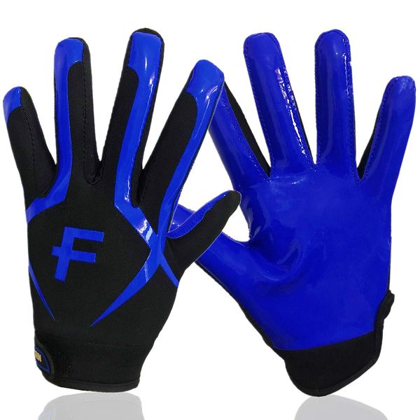 FINGER TEN American Football Gloves Youth Kids Ultra Tack Sticky Non-Slip Palm Receivers, Rugby Gloves for Boys Girls Flexible Stretch Protection Fit Children Age 5-14 (Blue, Medium)