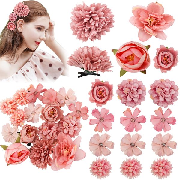 Atoden Pink Flower Hair Clips Hawaiian Realistic Bohemian Flower Hair Clips 16 Pcs Hawaii Boho Clips Artificial Rose Tropical Floral Hair Barrettes Wedding Bridal Hair Accessories for Women Girls