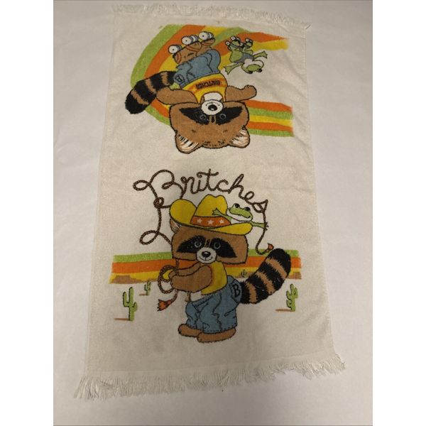 Vintage Raccoon & Frog Bath Towel "Britches" Rollerskates Fringed MCM All cotton