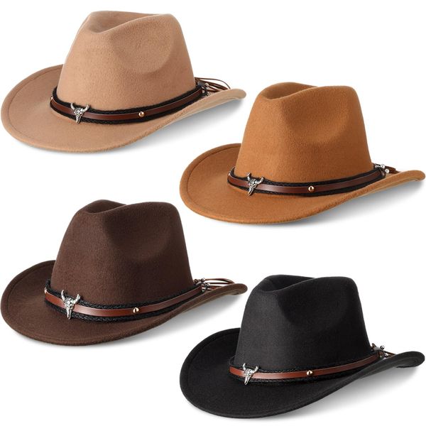 Foaincore 4 Pcs Unisex Western Cowboy Hat American Faux Fur Felt Hats Outback Wide Brim Felt Travel Cap for Men Women(Black, Brown, Khaki, Camel)