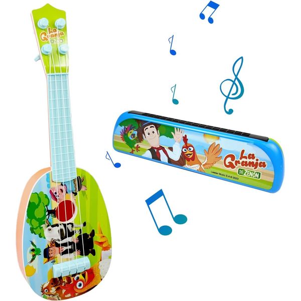 La Granja de Zenon Toddler 15 Inch Mini Cartoon Ukulele Guitar Toy and 16 Hole Harmonica Set, Kids Music Education Toy for Beginners, Perfect for 1-3 Years Old Boys Girls Birthday Party and Giftware