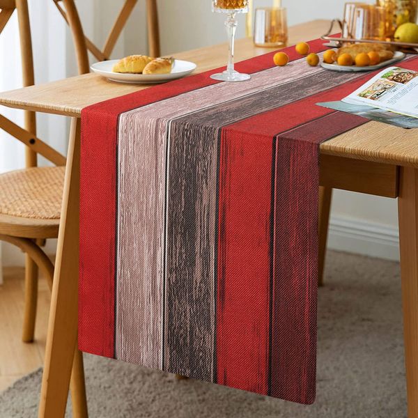 Hanrunsi Red Table Runner 33 X 183 cm Rectangle Coffee Table Runner Brown Table Runner Farmhouse Retro Rustic Barn Wood Texture Decorations for Kitchen Home Dining Table Decor Linen