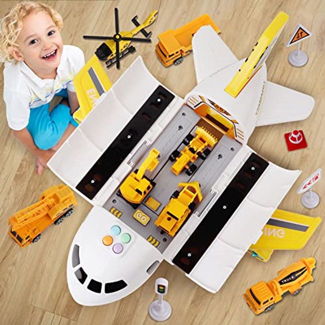 Dwi Dowellin Construction Toy Airplane Set/Play Mat,Excavator,Bulldozer,Mixer,Dumper Truck,Forklift,Crane,Alloy Metal Car Toys for 3 4 5 6 Years Old Toddlers Kids Boys & Girls(Large)