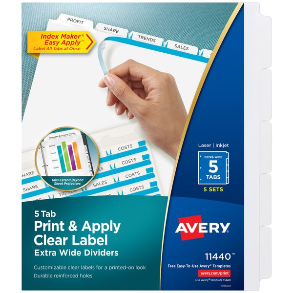 Avery 5-Tab Extra Wide Binder Dividers, Easy Print & Apply Clear Label Strip, Index Maker,White, 5 Sets (11440)