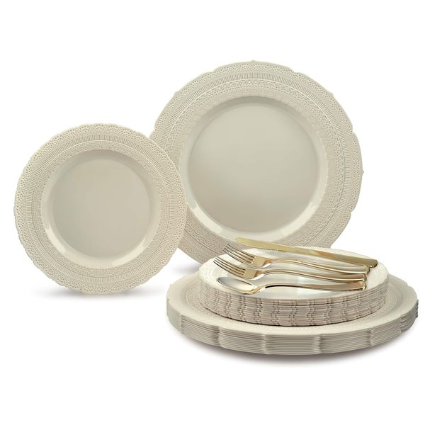 " OCCASIONS" 360 Pcs set (60 guest) - Extra Heavyweight Vintage Wedding Party Disposable Plastic Plates + Silverware (Double Fork) (Chateau in Ivory, Gold Silverware)