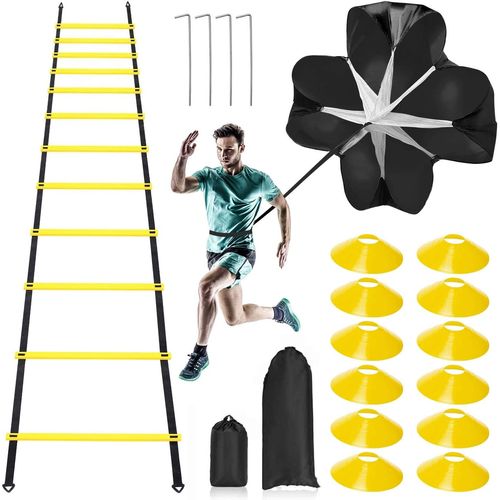 Pro Speed Agility Training Set,Includes 12 Rung 20ft Adjustable Agility Ladder with Bag,12 Sports Cones,4 Steel Stakes,1 Resistance Parachute for Kids Adults Football Speed Training Workout