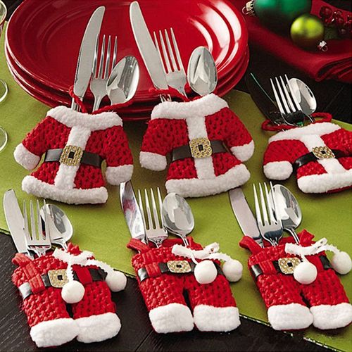 Uten 6x Christmas Cutlery Silverware Holders Pockets Knifes Forks Bag Santa Suit Xmas Party Dinner Table Decoration (Red)