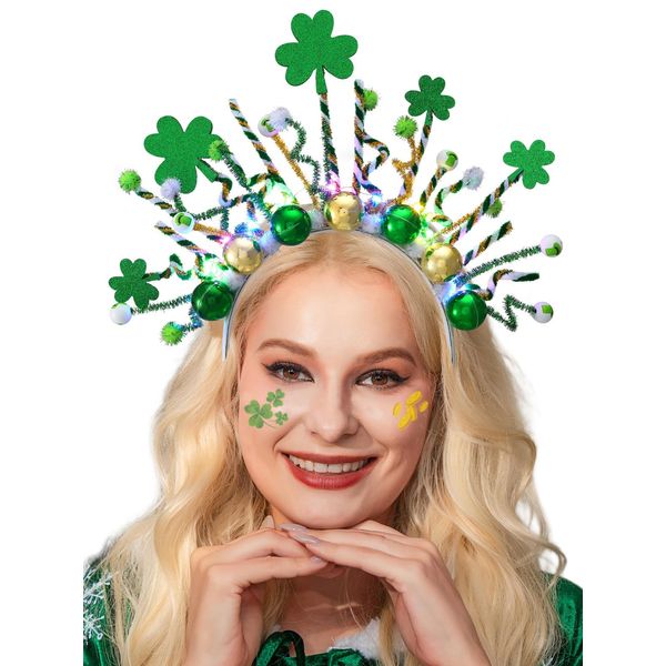 CLOACE Light Up St.Patrick's Day Headband LED Green Shamrock Headbands Irish Clover Hair Hoop Hair Accessories for Women