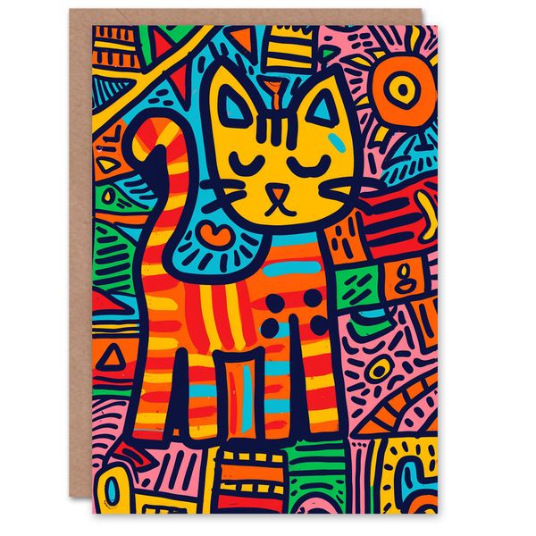 Birthday Card Pet Cat Lover Colourful Folk Art Pattern For Girl Boy Kids