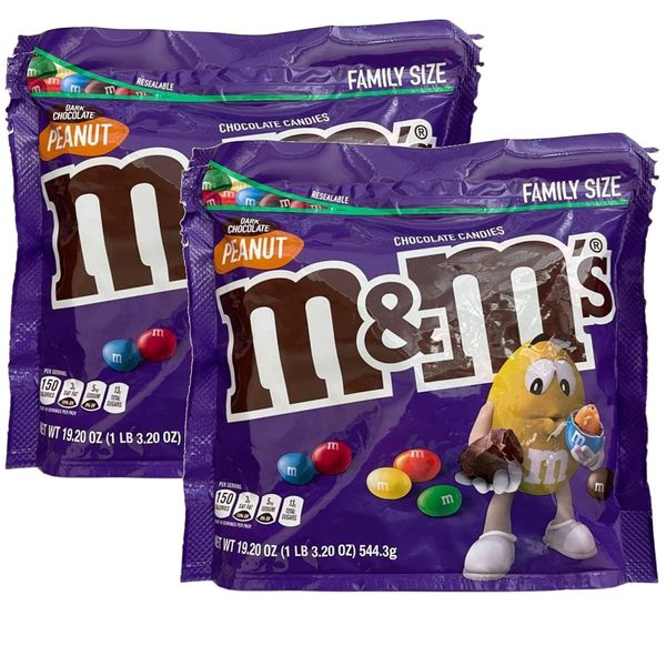 M&M's Family Size Candy, Dark Chocolate, 19.2 Ounce (49% Cacao Dark Chocolate Peanut Candies, 2 Bags)