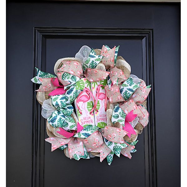 Flamingo Hello Summer Deco Mesh Front Door Wreath Summer Fun Home Decor 18"