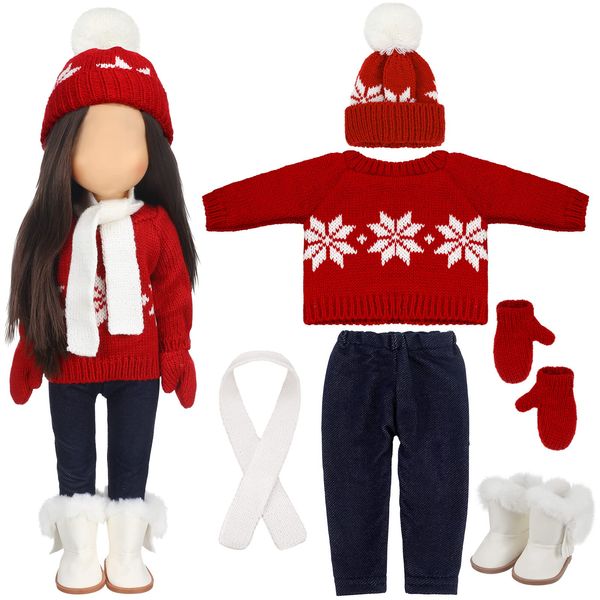 Bencailor Christmas 18 Inch Doll Clothes and Accessories Winter Doll Outfits Set Sweaters Trousers Hats Shoes for 18 Inch Doll Gifts(Red White)