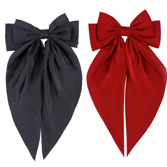 Proamate 2 PCS Big Bow Hair Clips with Long Silky Satin,Long Tail Hair Barrettes French Soft Ribbon Barrettes Metal Clips Bowknot Aesthetic Hairclips Cute Hair Accessories for Women Girls