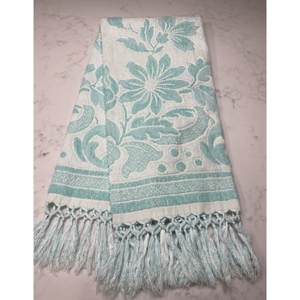 Vintage Bath Towel Boho Floral Jacquard/Damask Sculpted Retro Fringe Aqua 26x51"