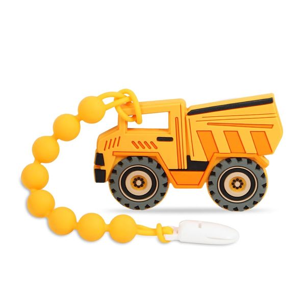 Baby Construction Vehicles Teething Toys,Food Grade Silicone Teether with One-Piece Pacifier Clip Holder,Shower Gift for 3 Months+ Boy and Girl,BPA Free,Freezer Safe. (Dump Truck)