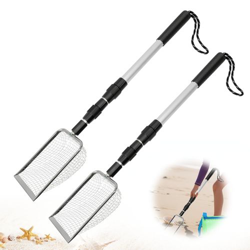 Mowouhn 2 Pcs Shark Tooth Sand Sifter, Shell Scooper for Beach, Shovel and Shelling Tools with Retractable Long Handle for Picking Up Shells, Shark Tooth Sifter Dipper for Adult