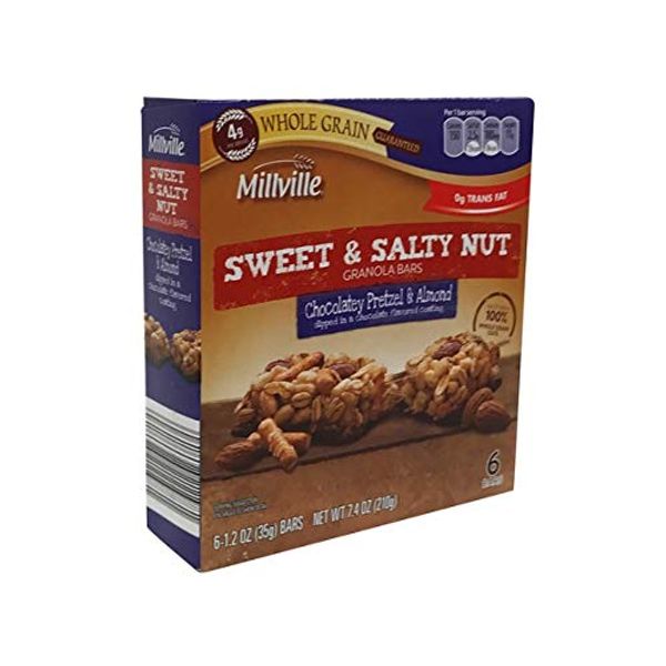 Millville Sweet & Salty Nut Granola Bars | 100% Whole Grain Oats | 7.4 oz (6 bars x 1.2 oz) | Pack of 1 (Chocolatey Pretzel & Almond)