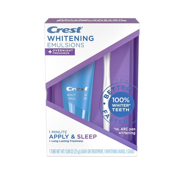 Crest Whitening Emulsions Leave-On Teeth Whitening Gel Kit + Overnight Freshness with Wand Applicator and Stand, Apply & Sleep, 0.88 Oz