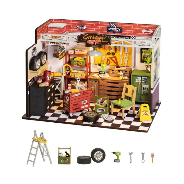 Rolife Wooden Dollhouse Garage Workshop Miniature DIY Craft Kits Doll House Kit Building Kits with LED Lights Christmas Birthday Gift for Children and Adults