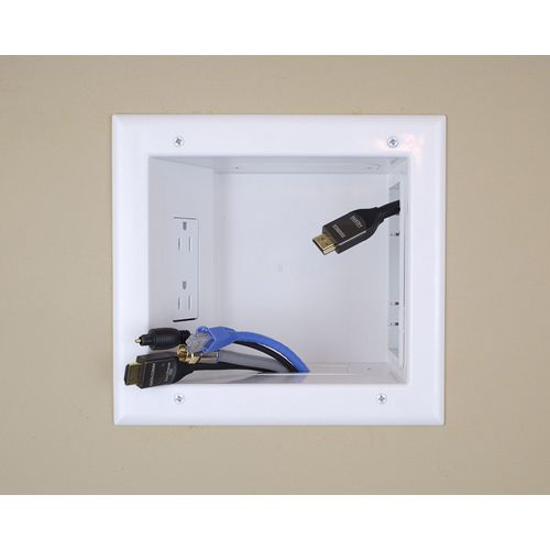DataComm Electronics 45-0051-WH Expandable Media Box with Duplex Receptacle, Low Profile Design for Wall-Mounted TV, Conceals Low Voltage Cables, Quick Installation, White