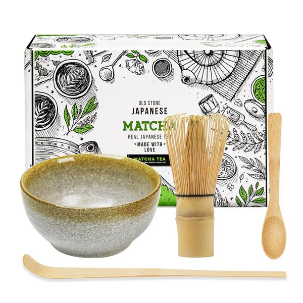 Keepaty Japanese Matcha Tea Set of 4,Matcha Whisk Set with 100 Prong Whisk, Traditional Scoop, Tea Spoon and Ceramic Matcha Bowl,Tea Ceremony Accessory for Making Matcha