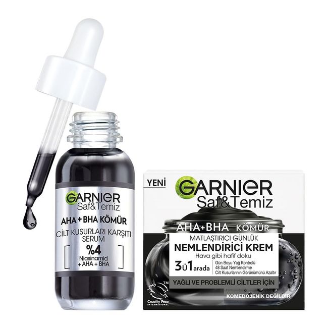 Garnier Aha+Bha Cilt Kusurları Karşıtı Siyah Serum%4 [Niasinamid+Peeling Etkili Aha+Bha] 30ml & Saf ve Temiz Kömür Matlaştırıcı Günlük Nemlendirici Krem 50ML Cilt Bakım Seti