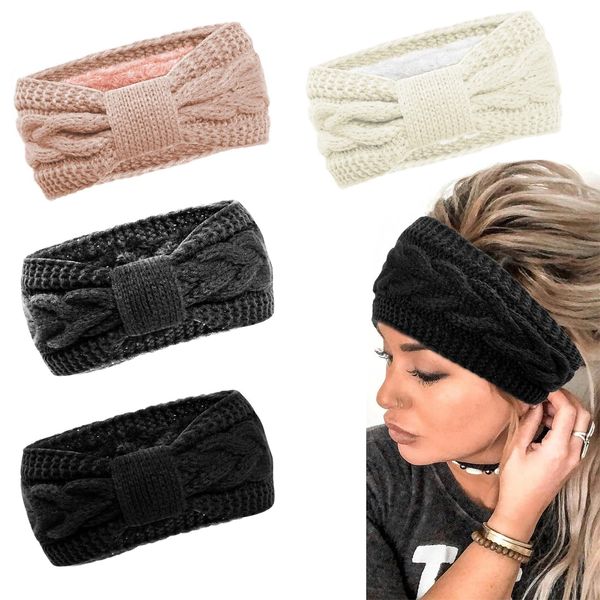 Stirnband Damen Winter, Winter Häkelarbeit Stirnband Damen Gestrickte Mädchen Frauen Stirnbänder Verdicken Haarband Ohrenwärmer Headwrap Kopfband Elastische Damen/Frauen/Mädchen 4 Pcs Stirnbänder