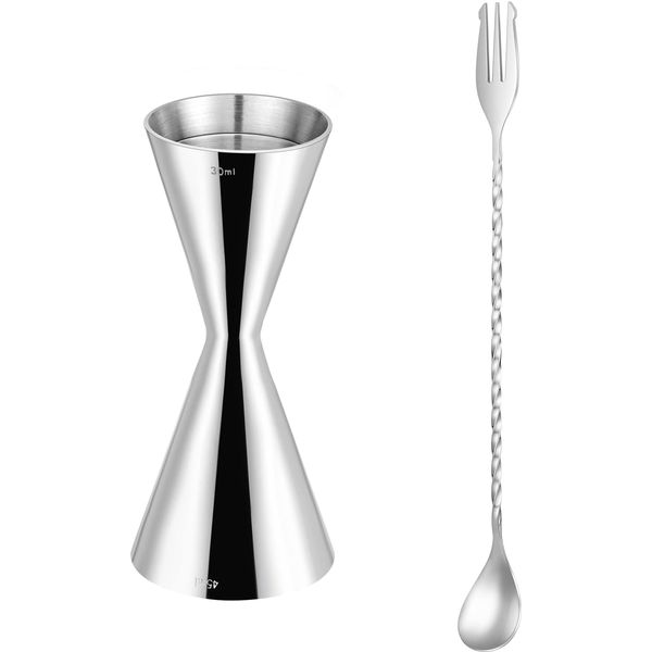 Cocktail Set Measuring Cup 30ml/45ml Jigger Cup Graduated Bar Spoon 30cm Stainless Steel Cocktail Shaker Set Bar Supplies Tools Cocktail Shaker Bartender Tools Stainless Steel Cocktail Set Cocktail Measuring Cup (Silver)