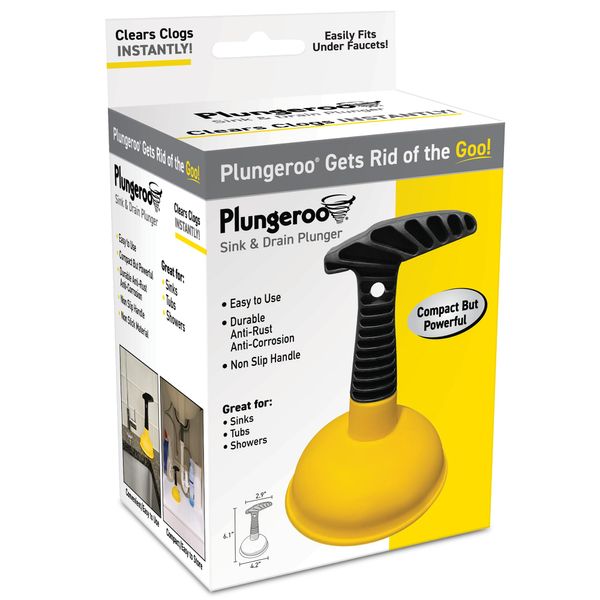 Plungeroo Sink Plunger, Powerful Mini Plunger with Short Handle, Easy-to-Use Small Unclogging Tool for Bathroom Drains, Shower, Bathtub, Toilet, RV and Kitchen Sink, Yellow, (6.1 x 4.2 x 2.9 Inch)