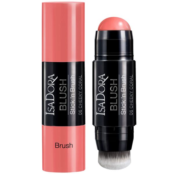 IsaDora Stick’n Brush Cream Blush Stick With Twist-Up Brush – Shimmery Colourful Cream Blusher Stick Cruelty Free Creme Pink Blush Stick Make Up Blushers for Cheeks 06 Cheeky Coral