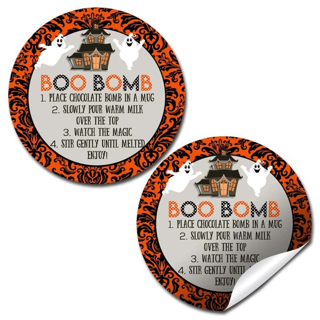 Boo Bomb Halloween Ghost Haunted House Themed Hot Cocoa Bomb Sticker Labels, Total of 40 2" Circle Stickers by Amanda Creation