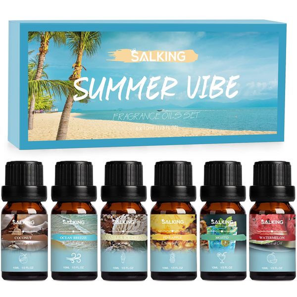 SALKING Summer Essential Oils Set, Aromatherapy Diffuser Oil Fragrance Oils Gift Set for Soap & Candle Making Scents - Ocean Breeze, Mojito, Coconut, Pineapple, Watermelon, Vanilla Ice Cream