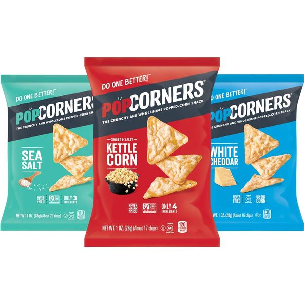 Popcorners Snacks Variety Pack | Gluten Free Chips Snack Packs | Kettle Corn, White Cheddar, Sea Salt | 1 Ounce (Pack of 18)