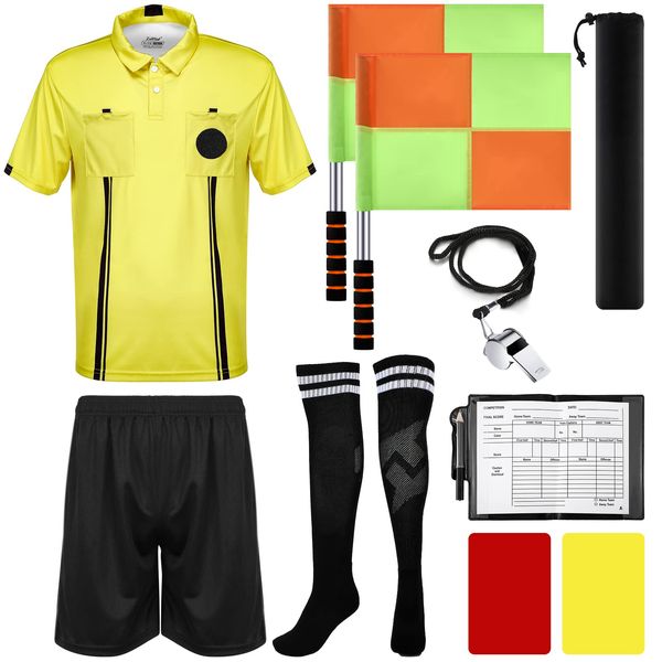 Soccer Referee Kit, 6 Pcs Football Referee Package for Men, Soccer Referee Costume Ref Shirt Linesman Flags, Referee Whistle Soccer Referee Cards Sport Soccer Accessory for Adult Teenager (Medium)