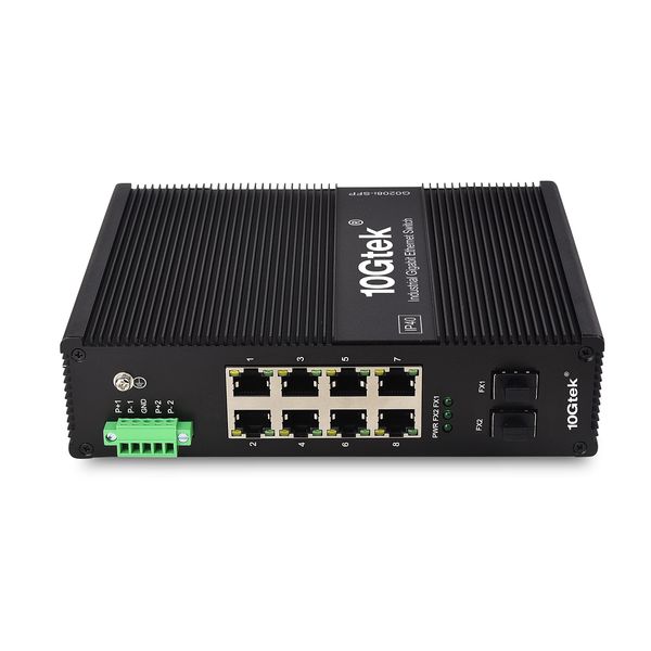 10Gtek Industrial IP40, 10-Port Gigabit Ethernet Switch (w/20-km SFP transceiver), G0208i , DIN-Rail Mount（Power supply is not included）