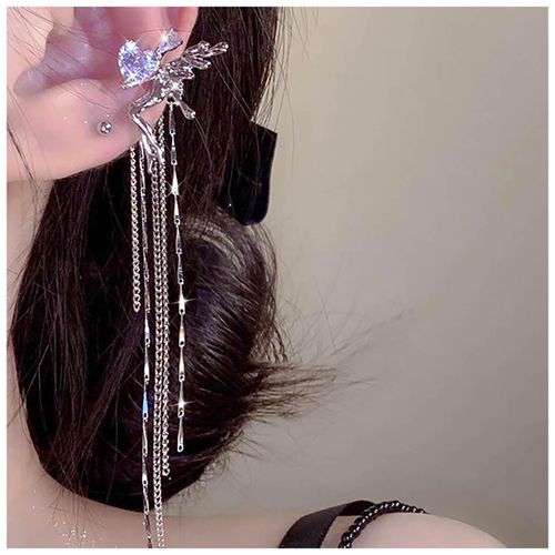 Sttiafay Vintage Angel Chain Ear Cuff Earrings Long Chain Tassel earrings Silver Crystal Cuff Wrap Earrings Angel Wing Cartilage Earrings Jewelry for Women(Left)
