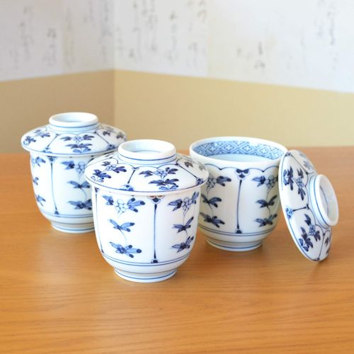 Chawan Mushi Dish, Set of 3, Dinnerware Set, Arita Ware, Split Flowers, Outer Lid