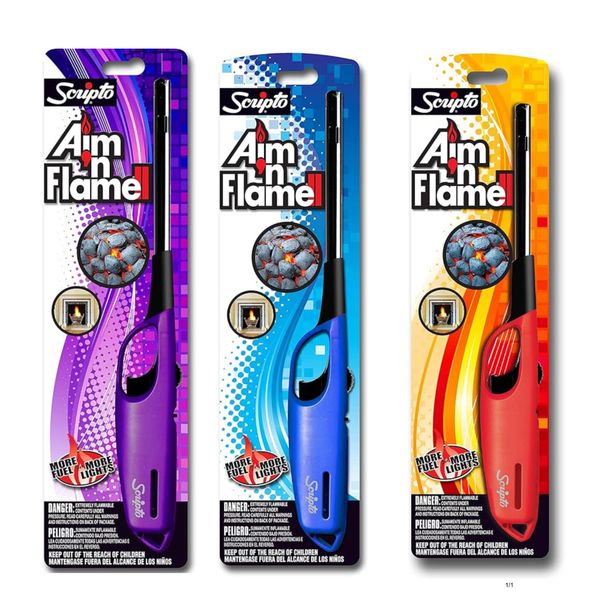 Scripto Aim Flame Long Reach Refillable Lighters Multi Purpose Random Color 3-Ct