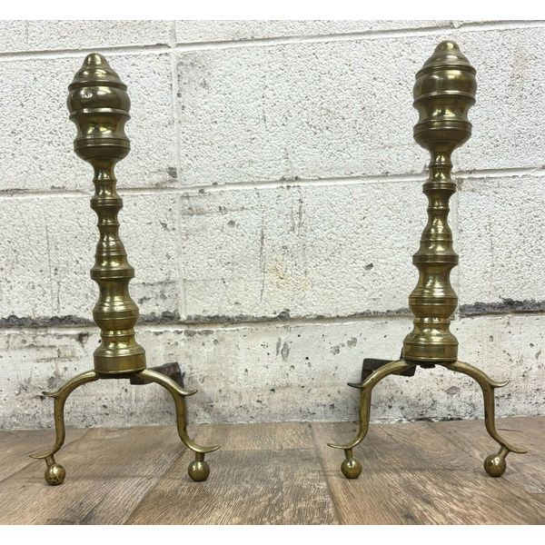 Vintage Queen Anne Style Brass and Iron Andirons with Ball Feet