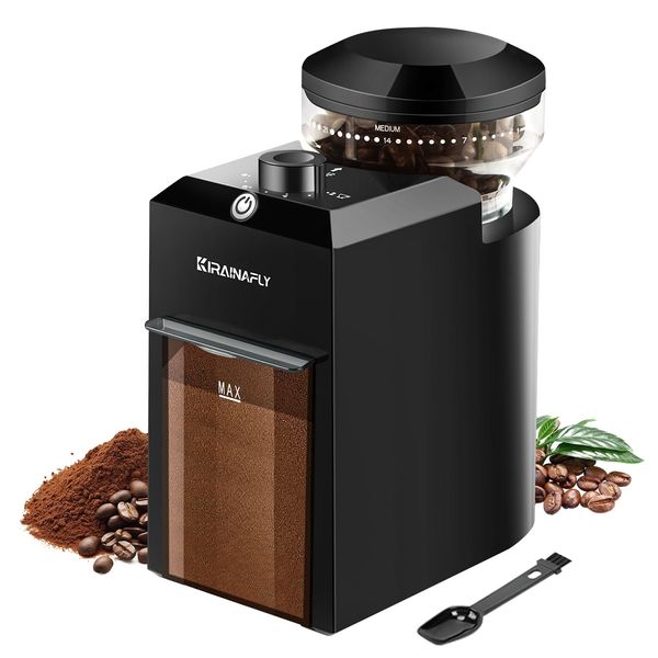 Flat Electric Burr Coffee Grinder, Adjustable Burr Mill with 28 Precise Grind Setting for French Press, Drip Coffee and Espresso, Coffee Maker (Black)