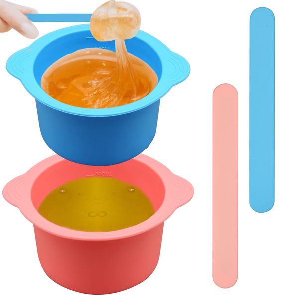 2 Pcs Silicone Wax Warmer Liner, Silicone Wax Bowl for Wax Warmer, Reuse Wax Melt Warmer Wax Pot Replacement, Non-Stick Wax Melt Liner with 2 Pcs Wax Spatula Sticks for Hair Removal (Blue, Pink)