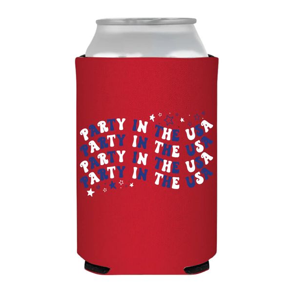 American Patriotic Can Cooler, US Made, Foam (Party In The US, Red w/Blue & White Lettering, Foam) Sip Hip Hooray