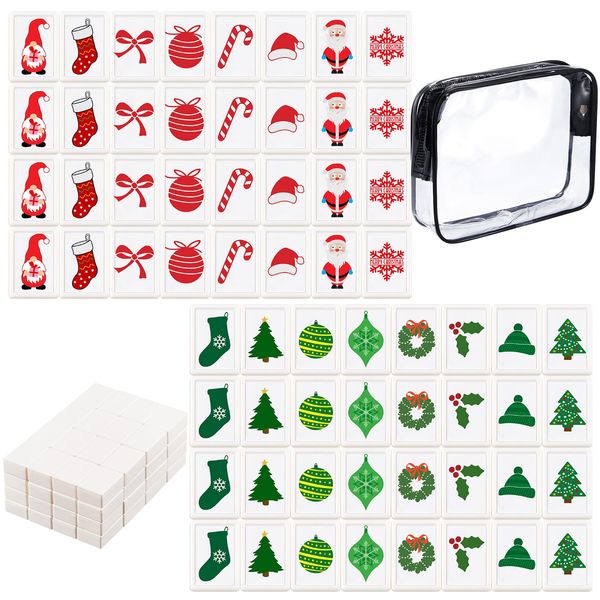 Hollowfly 65 Tiles 30 mm Christmas Game Blocks Mahjong Set Luck Mahjong Tile Game Push Tiles Blocks with Red Green Christmas Pattern and Bag No DIY Required for Family Game Gift (Plastic,Classic)