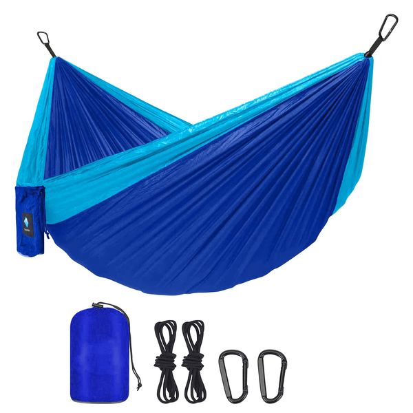 DULKET Camping Hammock Portable Ultralight Travel Hammocks Breathable Nylon with 5 FT Tree Straps for Outdoor Camping Hiking Backpacking Indoor Garden （150kg Capacity） (Blue)