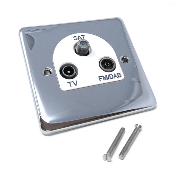 TV, DAB/FM, Satellite Socket Triplexer Outlet Cover Faceplate, Polished Chrome