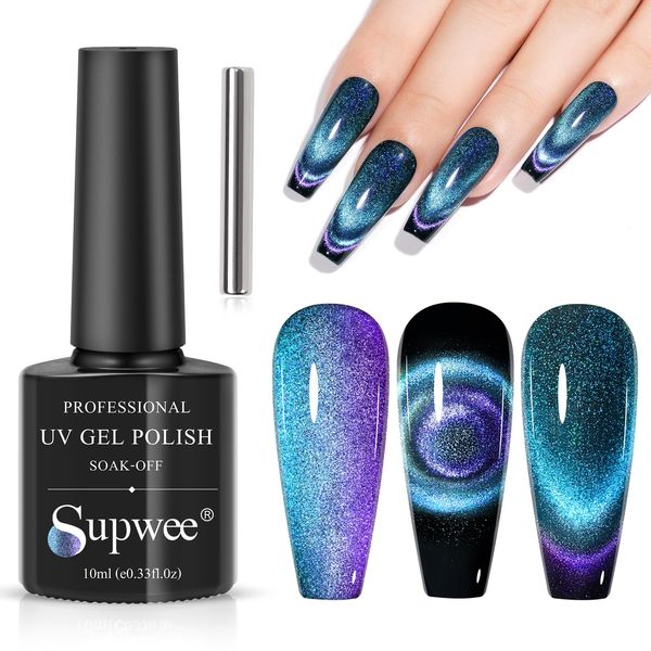 SUPWEE 9D Cat Eye Gel Nail Polish with Magnet, Blue & Purple Magnetic Gel Polish Magic Chameleon Galaxy Effect Holographic Glitter Upgraded Cat Eye Gel Soak Off Nail Art Salon