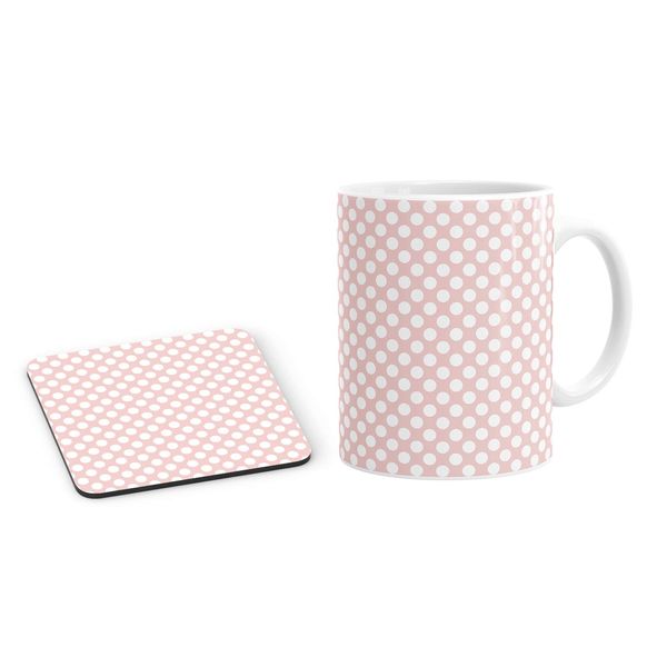 Pink & White Polka Dot Print Pattern Mug Coffee Cup and Coaster Set