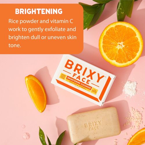 BRIXY Exfoliating Facial Cleansing Bar Even Skin Tone – Rice Powder And Vitamin C, Ceramide & Niacinamide Support A Healthy Skin Barrier, Soap Free, pH Balanced And Vegan