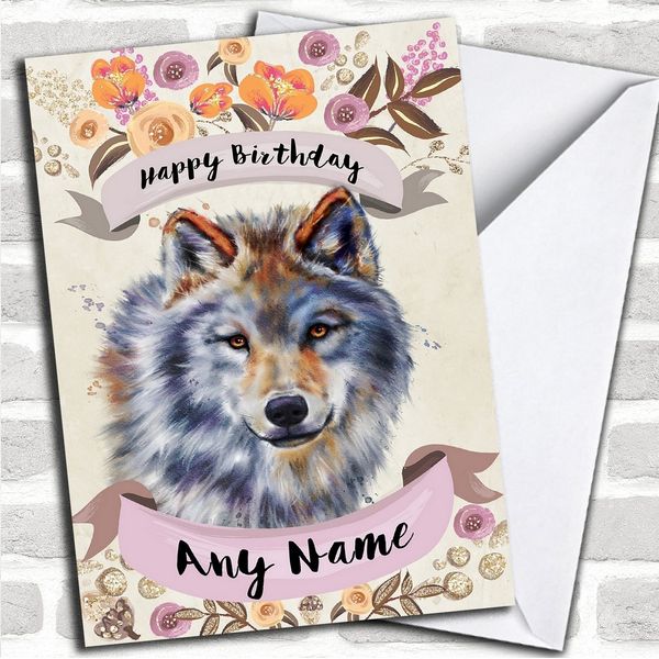 Fingerprint Designs Greeting Card, Rustic Gold Wolf, Birthday Card, Blank Inside