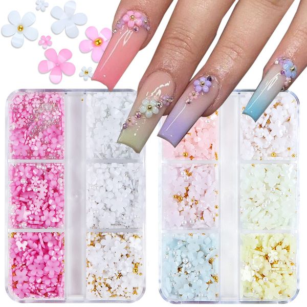 Baoximong 2 Boxes 3D Flower Nail Art Charms White Pink Nail Charms for Acrylic Nails Gold Silver Pearls Nail Art Supplies Rhinestones Spring Cherry Blossom Gems Design Nail Accessories Decorations